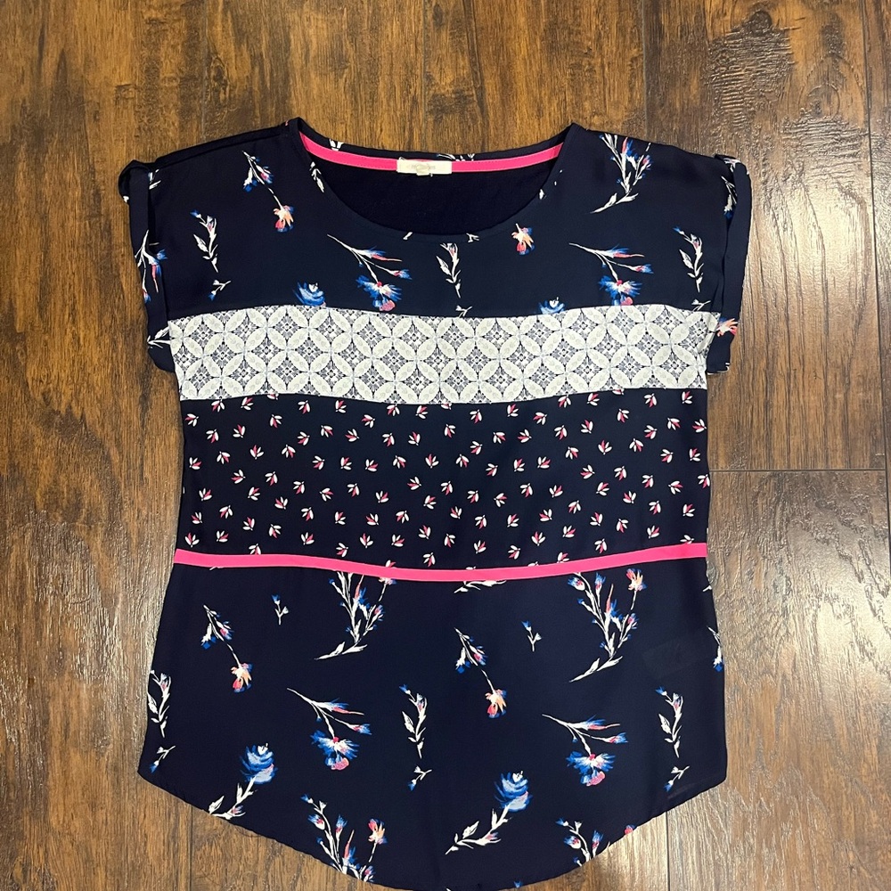 Maurices Navy Top with Pink and White Floral Design